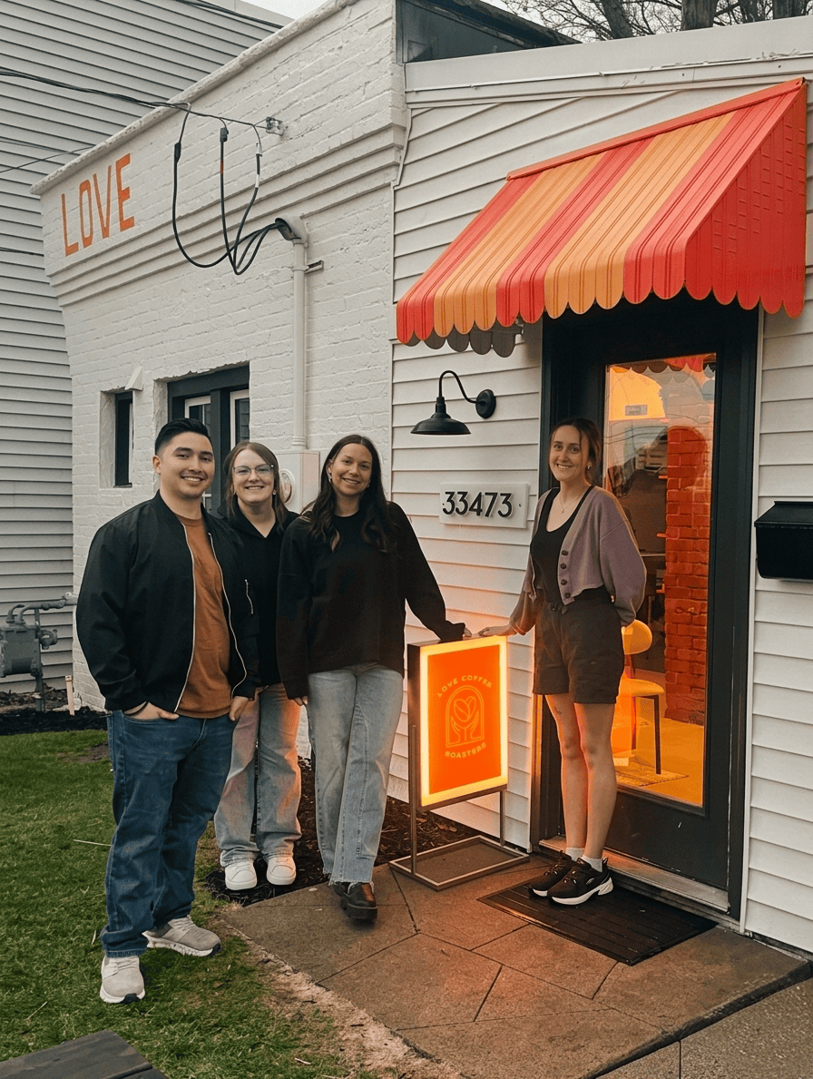The Love Coffee Roasters team outside the Avon Lake shop