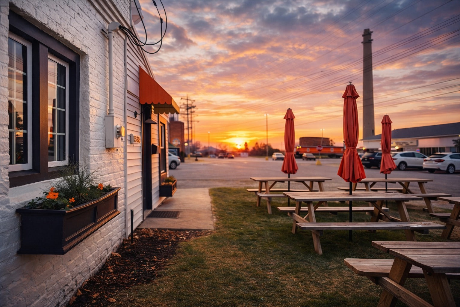 Love Coffee Roasters storefront patio at sunset in Avon Lake